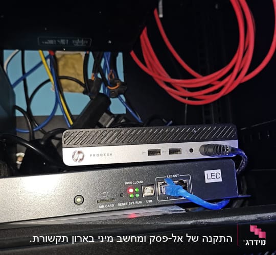 ציוד טכנולוגי עם כבלים ומתגים בארון תקשורת.